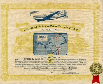 Pan American Clipper Flying Clould - certificate for crossing the International Dateline: Domain of Phoebus Apollo - Ruler of the Sun and Heavens