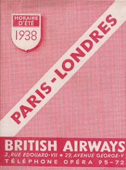 Paris - Londres -British Airways Horaire D'été 1938