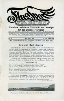 Flugsport 1931 Heft 06 v. 18.03.1931: Illustrierte technische Zeitschrift und Anzeiger für das gesamte Flugwesen