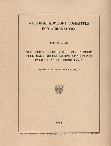 NACA Report No. 639: The Effect of Compressibility on Eight Full-Scale Propellers operating in the Take-Off and Climbing Range