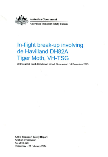 In-flight break-up involving de Havilland DH82A Tiger Moth, VH-TSG: 300m east of South Stradbroke Island, Queensland, 16 December 2013