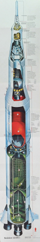 Mondrakete Saturn 5: Ein mehrfarbiges Schaubild originalgetreu im Maßstab 1:65